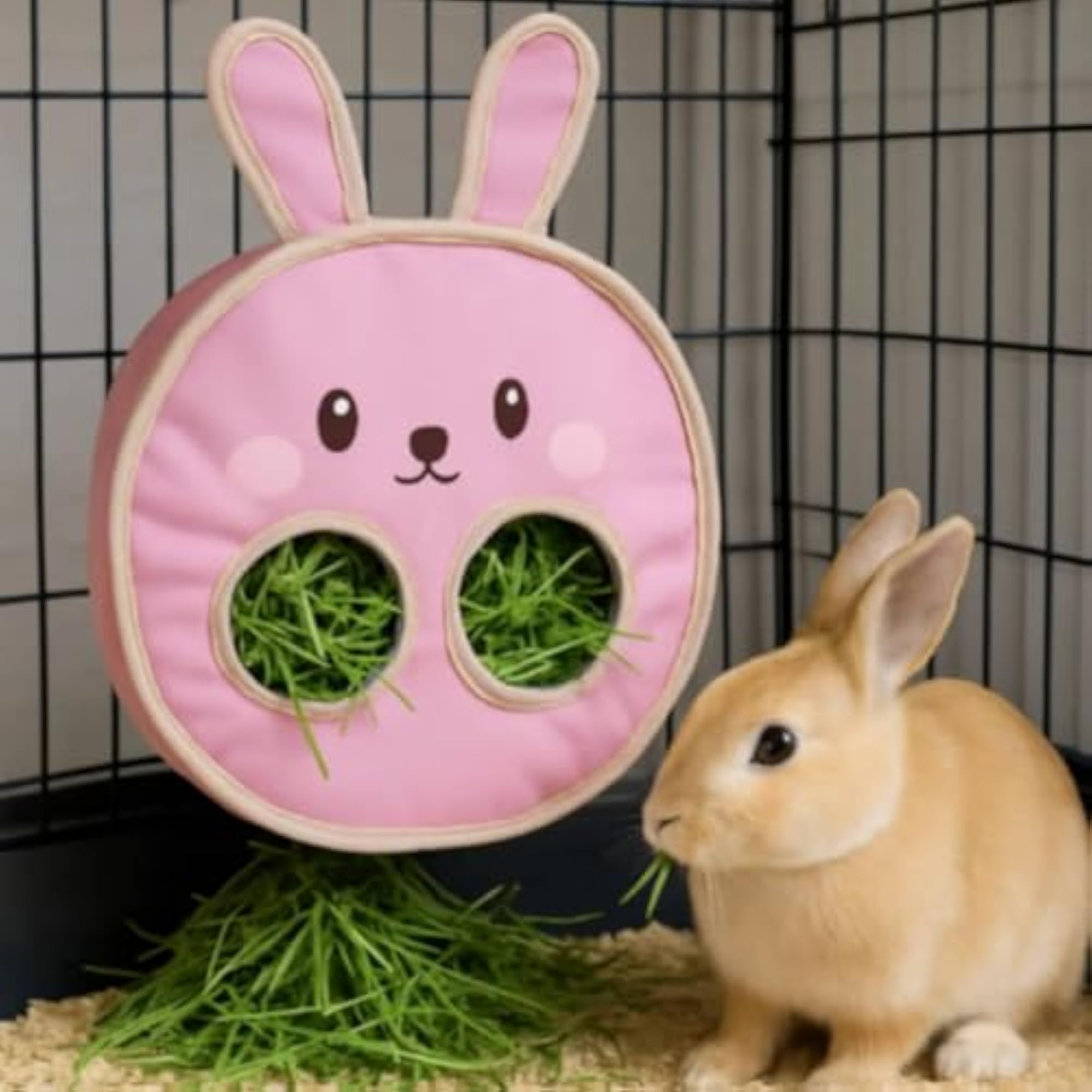 Cute Bunny Face Hay Feeder Bag for Small Animals, Pink